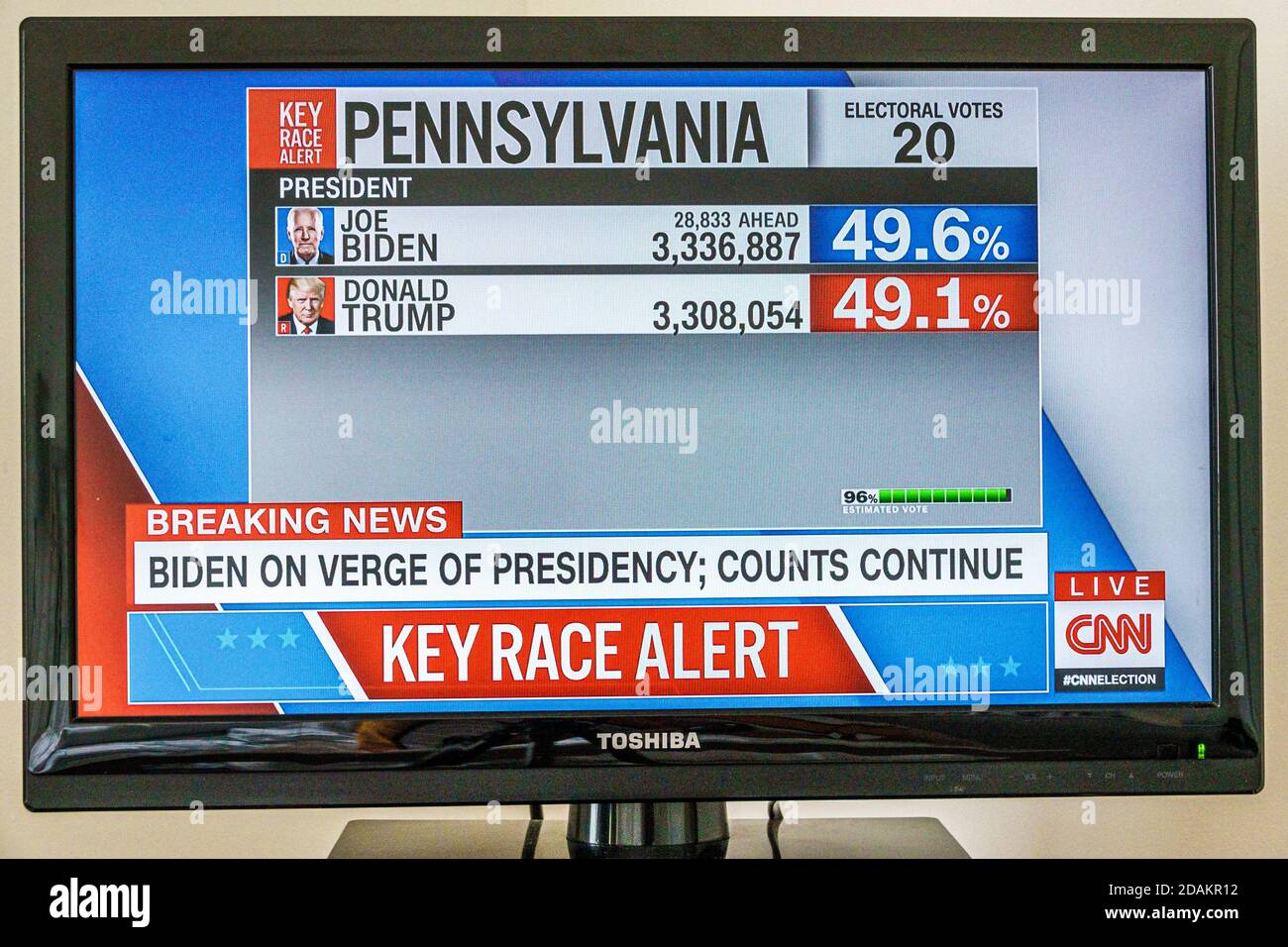 TV cable television screen monitor 2020 US presidential election results,Joe Biden Donald Trump votes electoral college popular vote count,Pennsylvani Stock Photo