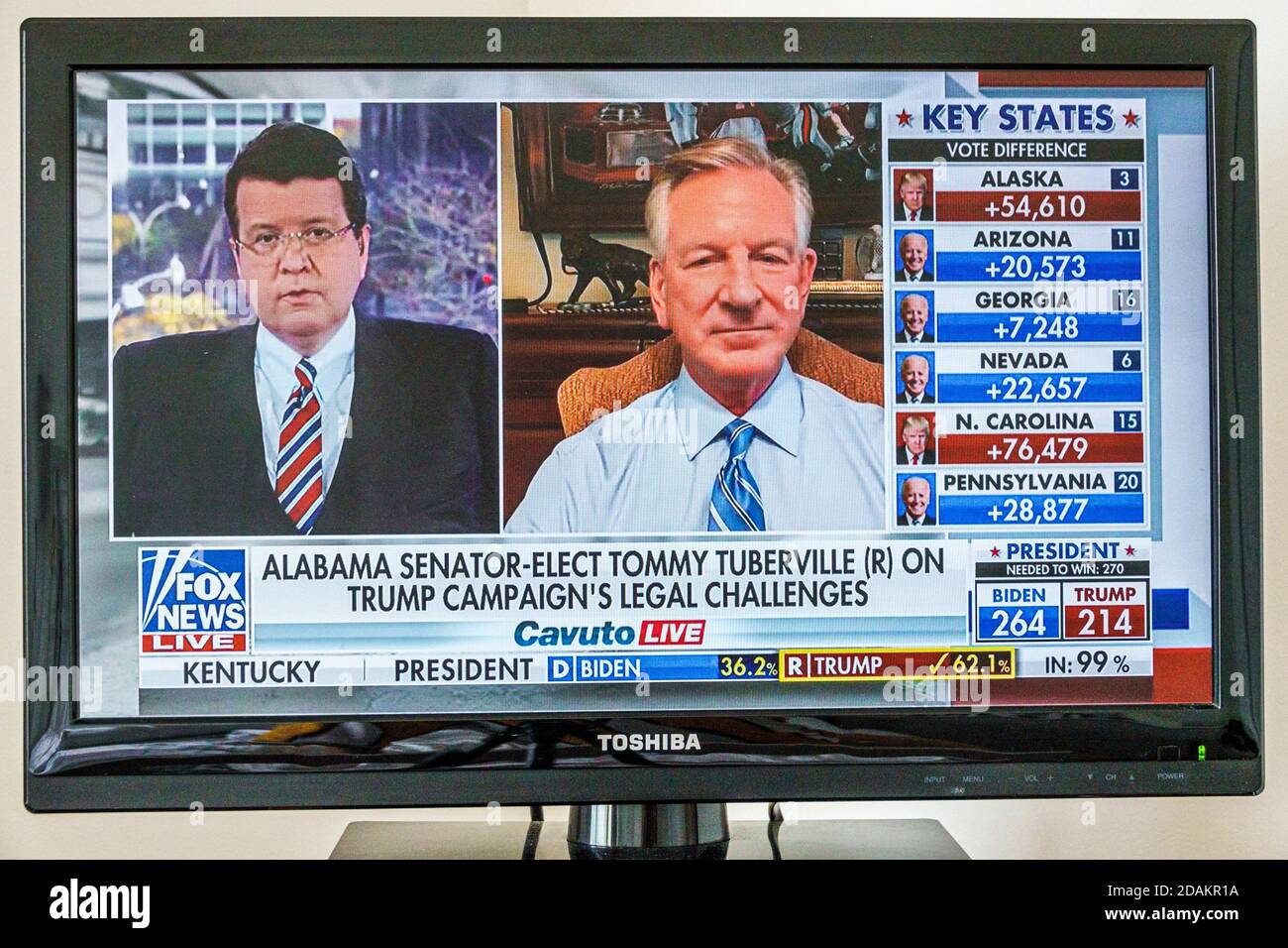 TV cable television screen monitor 2020 US presidential election results,Joe Biden Donald Trump votes electoral college popular vote count,Fox News Ne Stock Photo