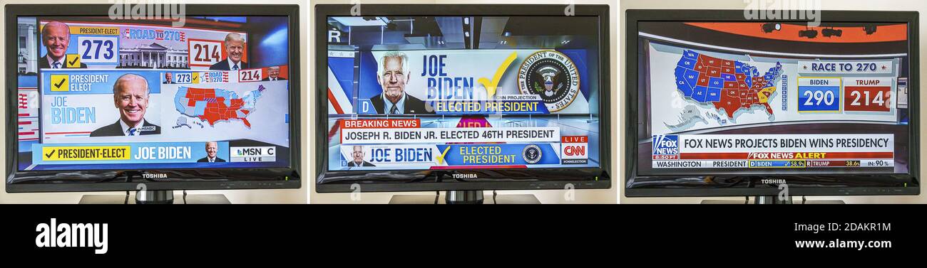 TV cable television screen monitor 2020 US presidential election results,Joe Biden Donald Trump votes electoral college popular vote count,MSNBC CNN F Stock Photo