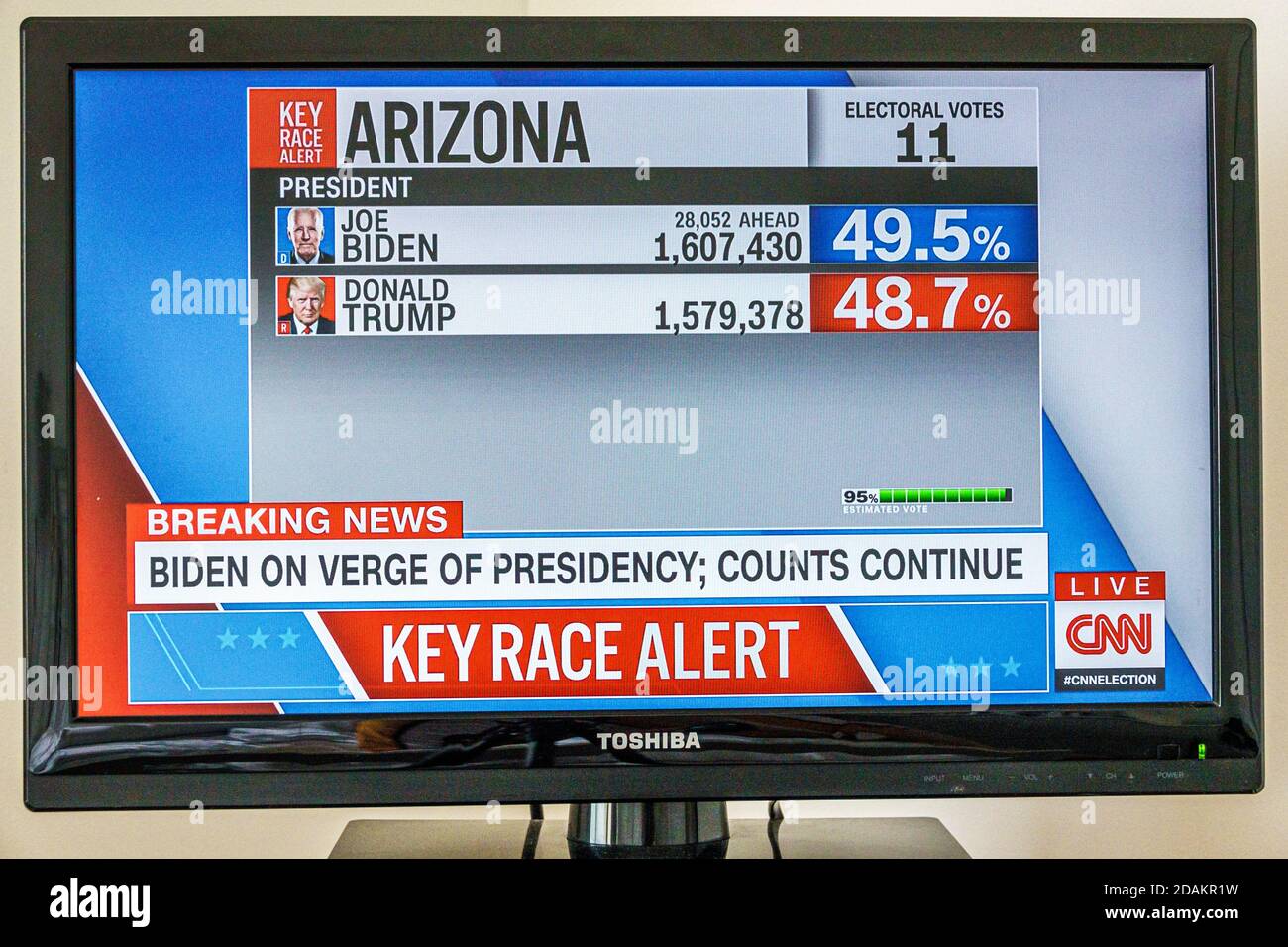 TV cable television screen monitor 2020 US presidential election results,Joe Biden Donald Trump votes electoral college,popular vote count Arizona CNN Stock Photo