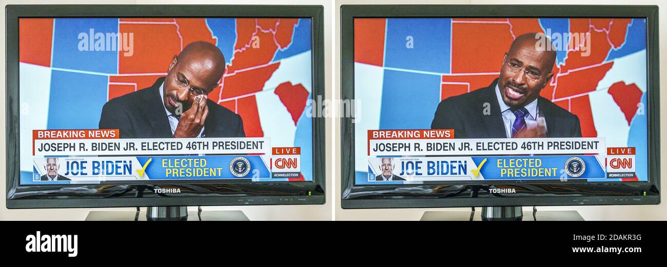 TV cable television screen monitor CNN 2020 US presidential election results,Joe Biden Donald Trump votes electoral college popular vote count,Black B Stock Photo
