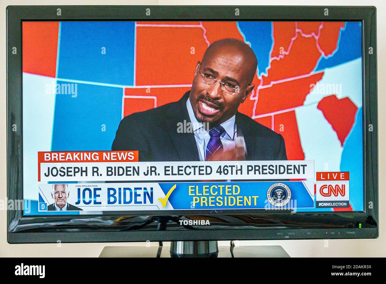 TV cable television screen monitor 2020 US presidential election results,Joe Biden Donald Trump votes electoral college popular vote count,Black Black Stock Photo