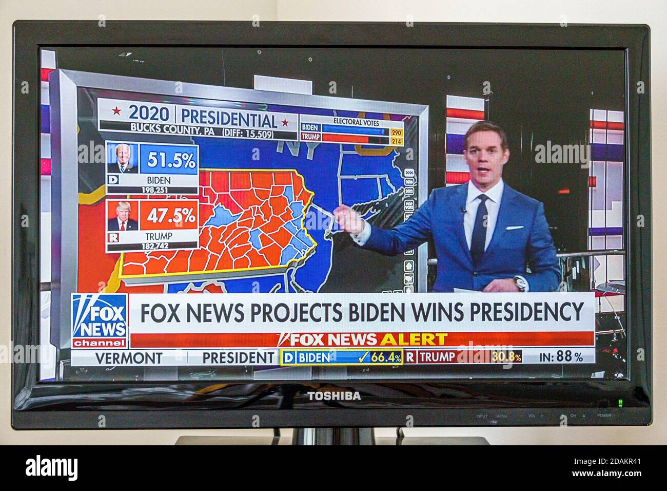 TV cable television screen monitor 2020 US presidential election results,Joe Biden Donald Trump votes electoral college popular vote count,Fox News pr Stock Photo