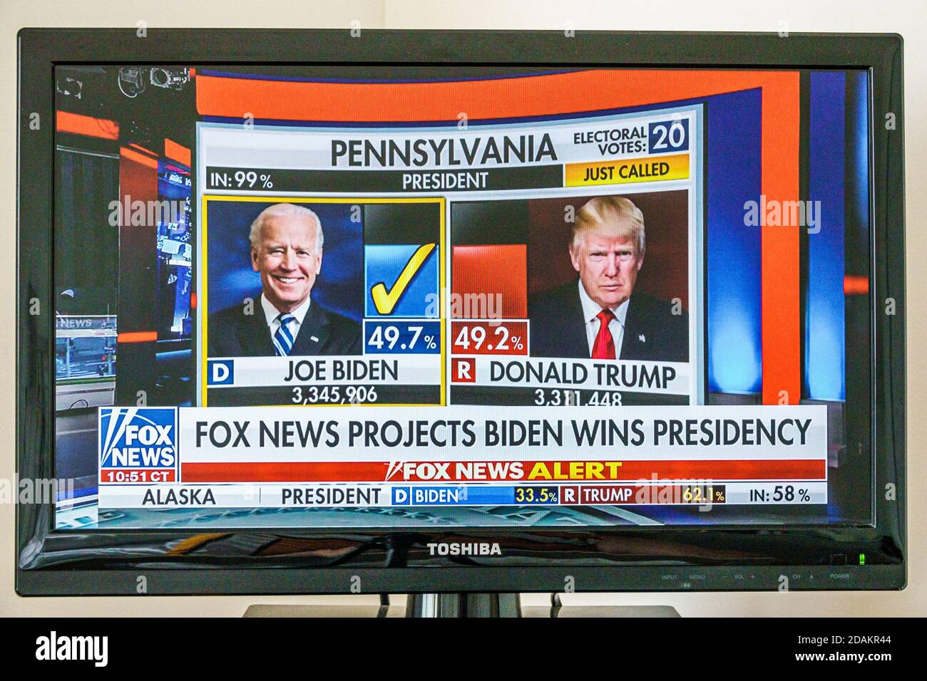 TV cable television screen monitor 2020 US presidential election results,Joe Biden Donald Trump votes electoral college popular vote count,Fox News pr Stock Photo