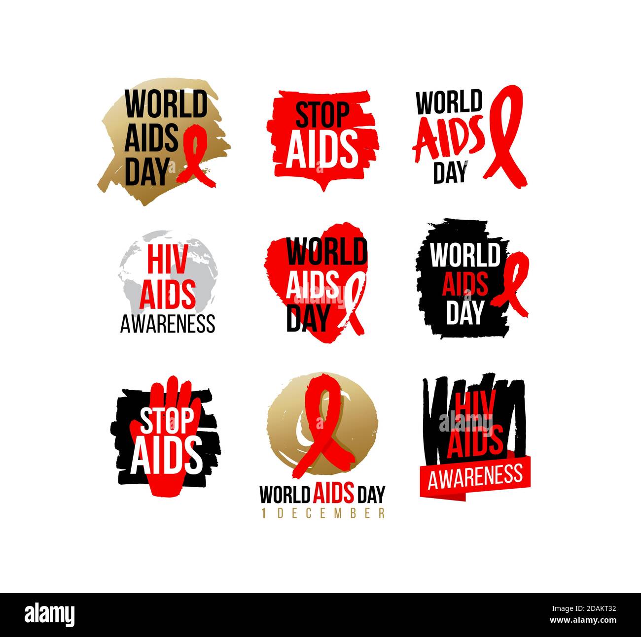 Aids and Hiv Awareness Red Ribbon. WORLD AIDS DAY CAMPAIGNS icon, badges, sticker, label, tag design for advertising campaign. Stop Aids. 1 December Stock Vector