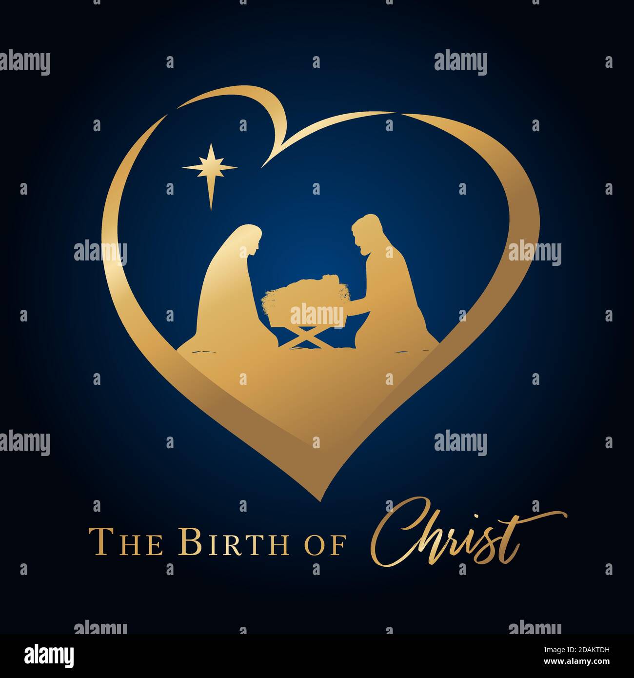 Christmas scene of baby Jesus in the manger with Mary and Joseph silhouette in golden heart Christian Nativity with gold lettering The Birth of Christ Stock Vector