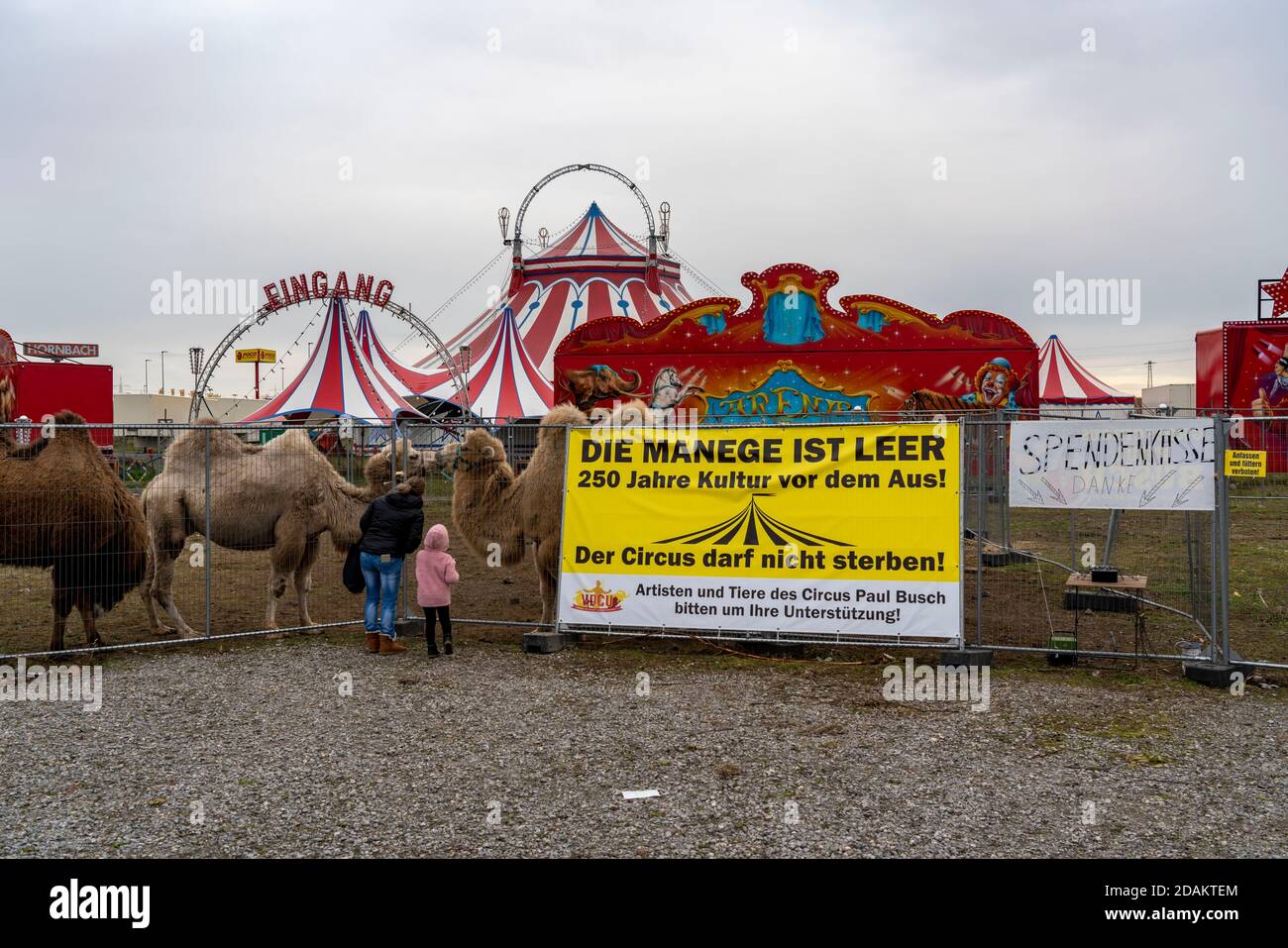 Circus Paul Busch, closed down during the second Corona Lockdown, in Oberhausen, draws attention with posters to the difficult situation of circus ope Stock Photo