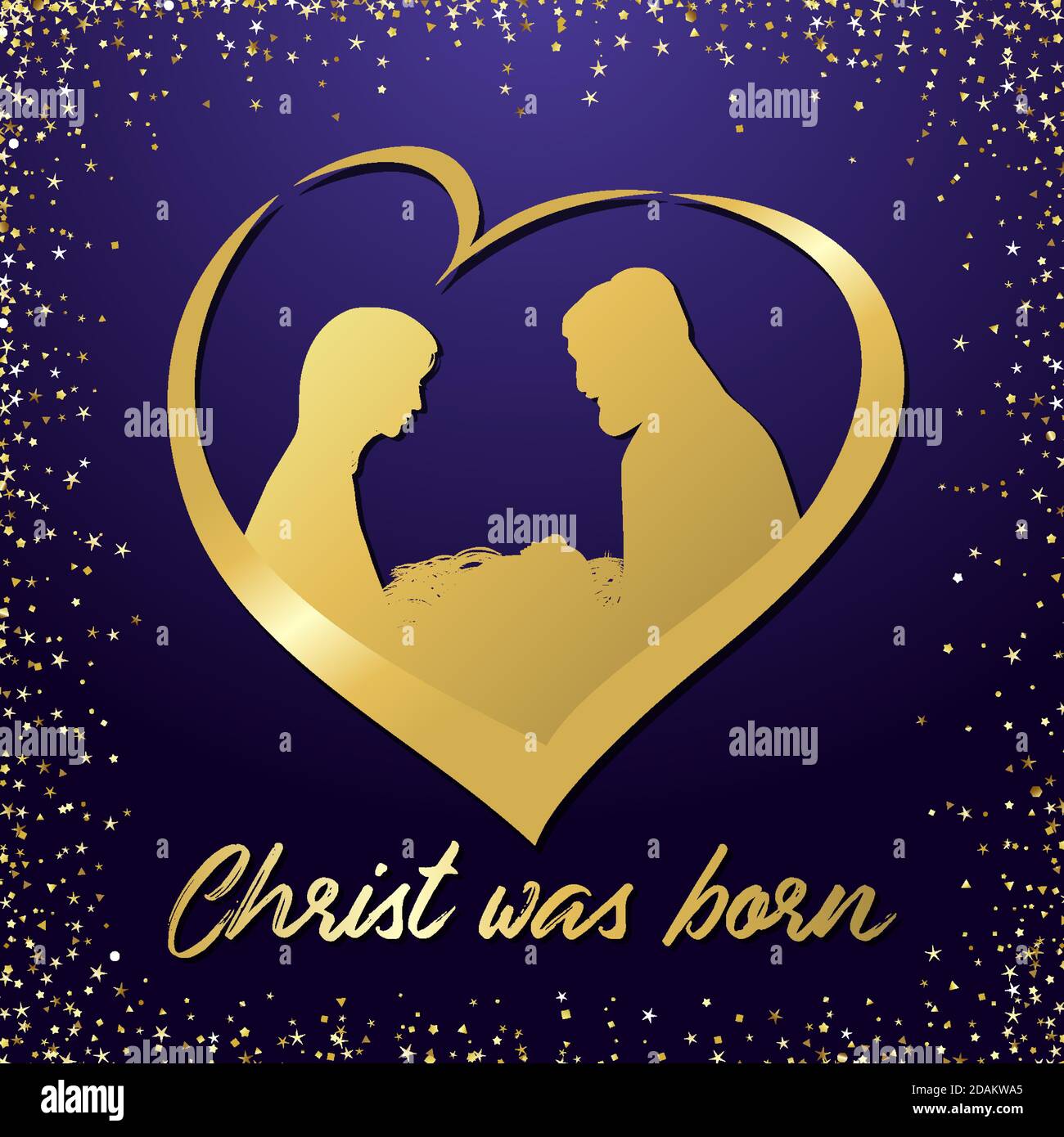 Christmas scene of baby Jesus in the manger with Mary and Joseph in heart. Christian Nativity with lettering brushing text Christ was born. Square ban Stock Vector