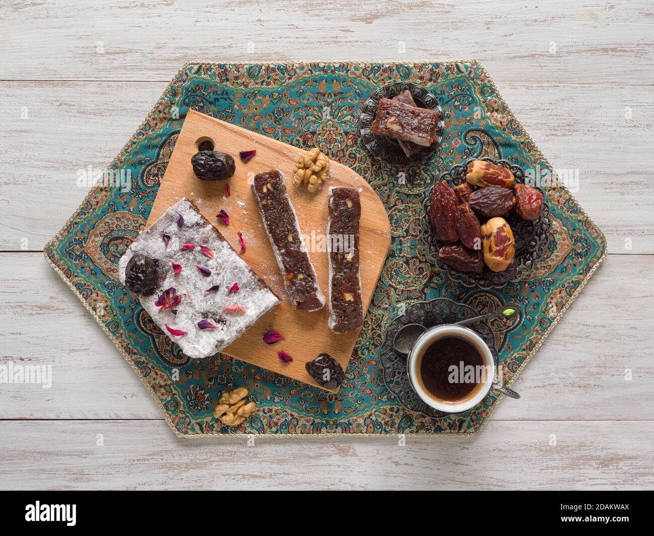 Homemade marmalade sweets with date fruits and nuts, eastern candies on