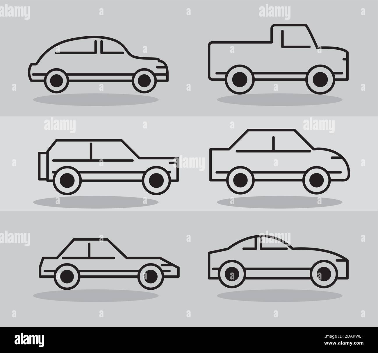 set of various cars side view transport vehicle, line icons on gray ...