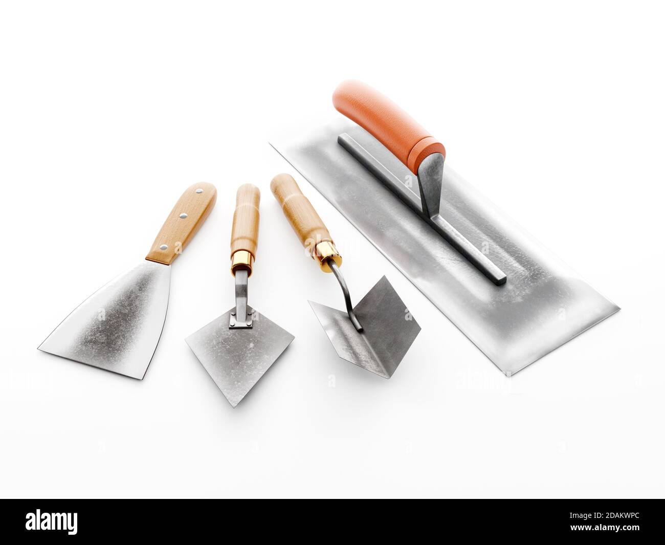 Plasterer's basic tools - stainless steel large trowel, small trowel,  corner trowel and scraper on white background Stock Photo - Alamy