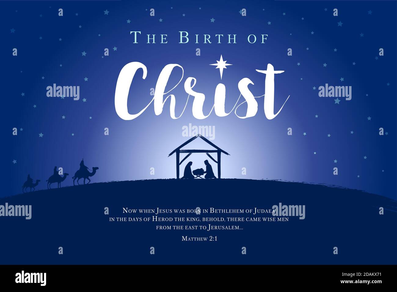 Merry Christmas, birth of Christ banner. Nativity scene of baby Jesus in the manger with Mary and Joseph in silhouette, surrounded by star, three wise Stock Vector