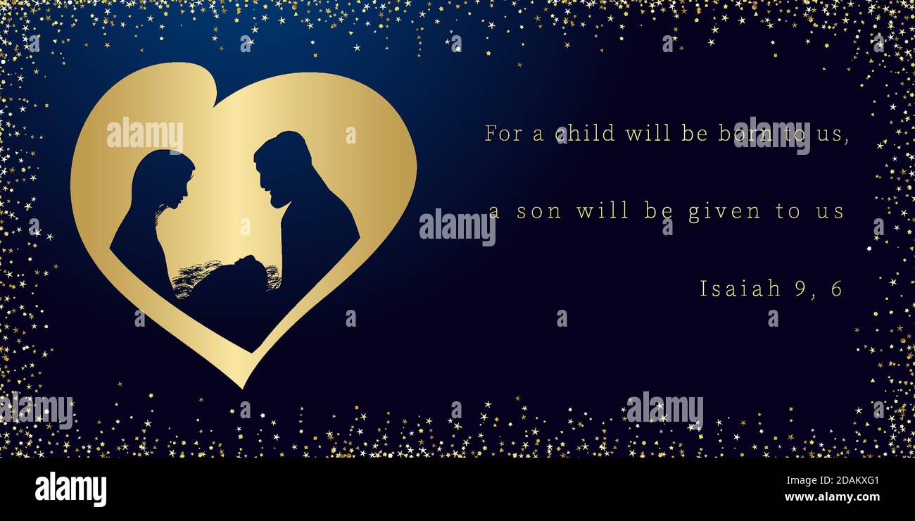 Christmas scene of baby Jesus in the manger with Mary and Joseph in heart. Christian Nativity with Bible text Isaiah 9, 6. Christ was born. Horizontal Stock Vector