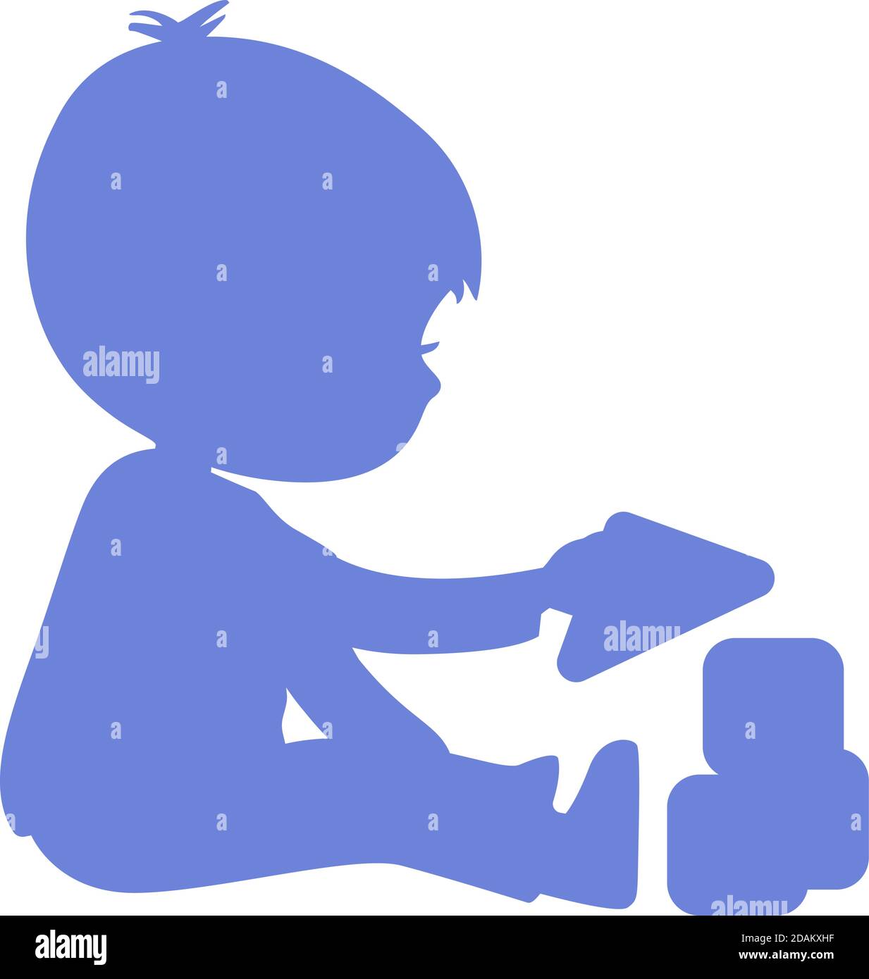 Boy plays and learn with toy blocks. Kids building blocks. Simple Blue Silhouette. Can be used as logo or sign. Vector illustration . Isolated Stock Vector