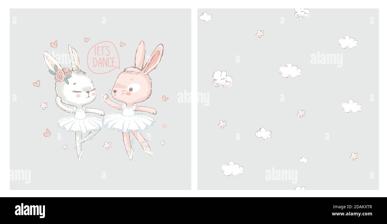 3 Sweet ballerina bunnys illustration vector. White dancing rabbits illuatration. Can be used for t-shirt print, kids wear fashion design, baby shower Stock Vector