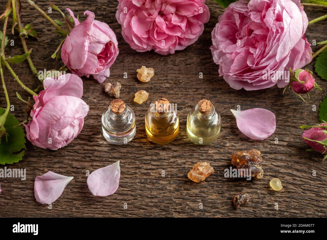 A bottle of essential oil with fresh white peony flowers in the background  Stock Photo - Alamy