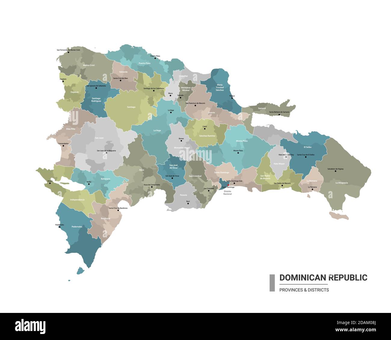Dominican Republic higt detailed map with subdivisions. Administrative map of Dominican Republic with districts and cities name, colored by states and Stock Vector
