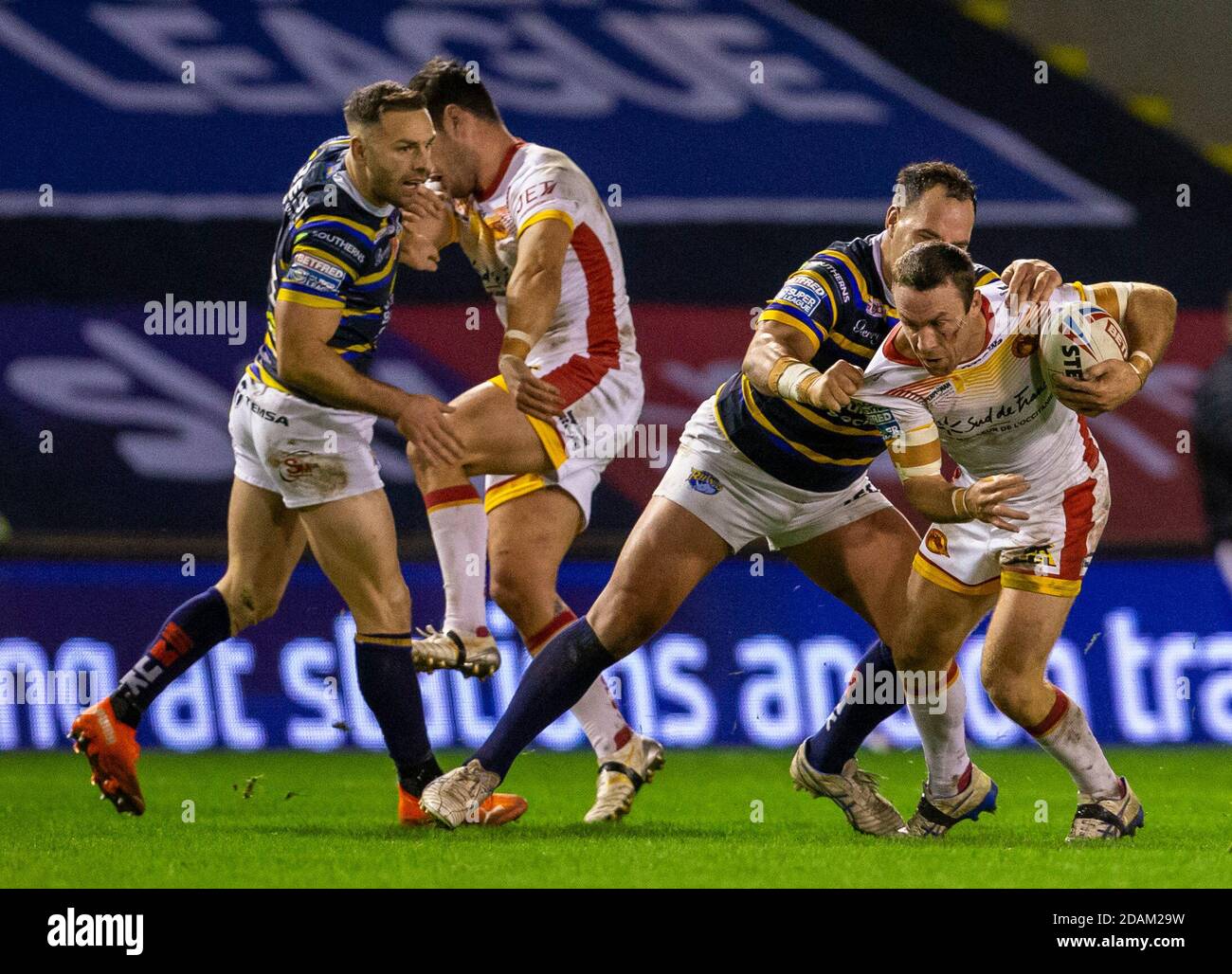 13th November 2020; The Halliwell Jones Stadium, Warrington, Cheshire, England; Betfred Rugby League Playoffs, Catalan Dragons versus Leeds Rhinos; James Maloney of Catalans Dragons is tackled Stock Photo
