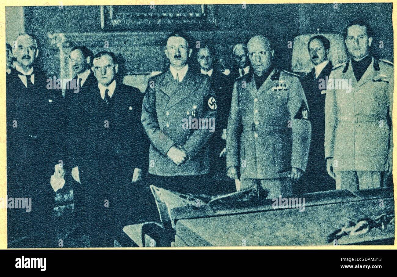 MUNICH, GERMANY - SEPTEMBER 29, 1938: Munich agreement - Czechoslovakia has ceased to exist. From left - Neville Chamberlain, Great Britain; Daladiere Stock Photo