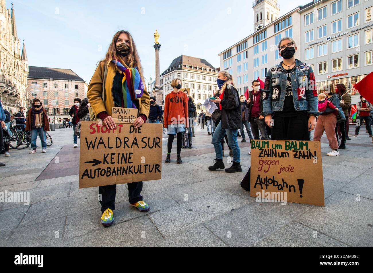 Munich, Bavaria, Germany. 13th Nov, 2020. Fridays for Future Germany has returned to the streets during the second wave of Coronavirus to protest against the clearing of the DannenrodÂ Forest (DannenrÃ¶derÂ Forst). The demonstrators marched from Marienplatz to the Green Party offices where three protestors climbed a tree a hung a banner which eventually resulted in a police response that was initially peacefully resolved until unidentified plainclothes officers attempted an apprehension without identifying themselves according to witnesses. The forest is currently being clearedÂ for the Aut Stock Photo