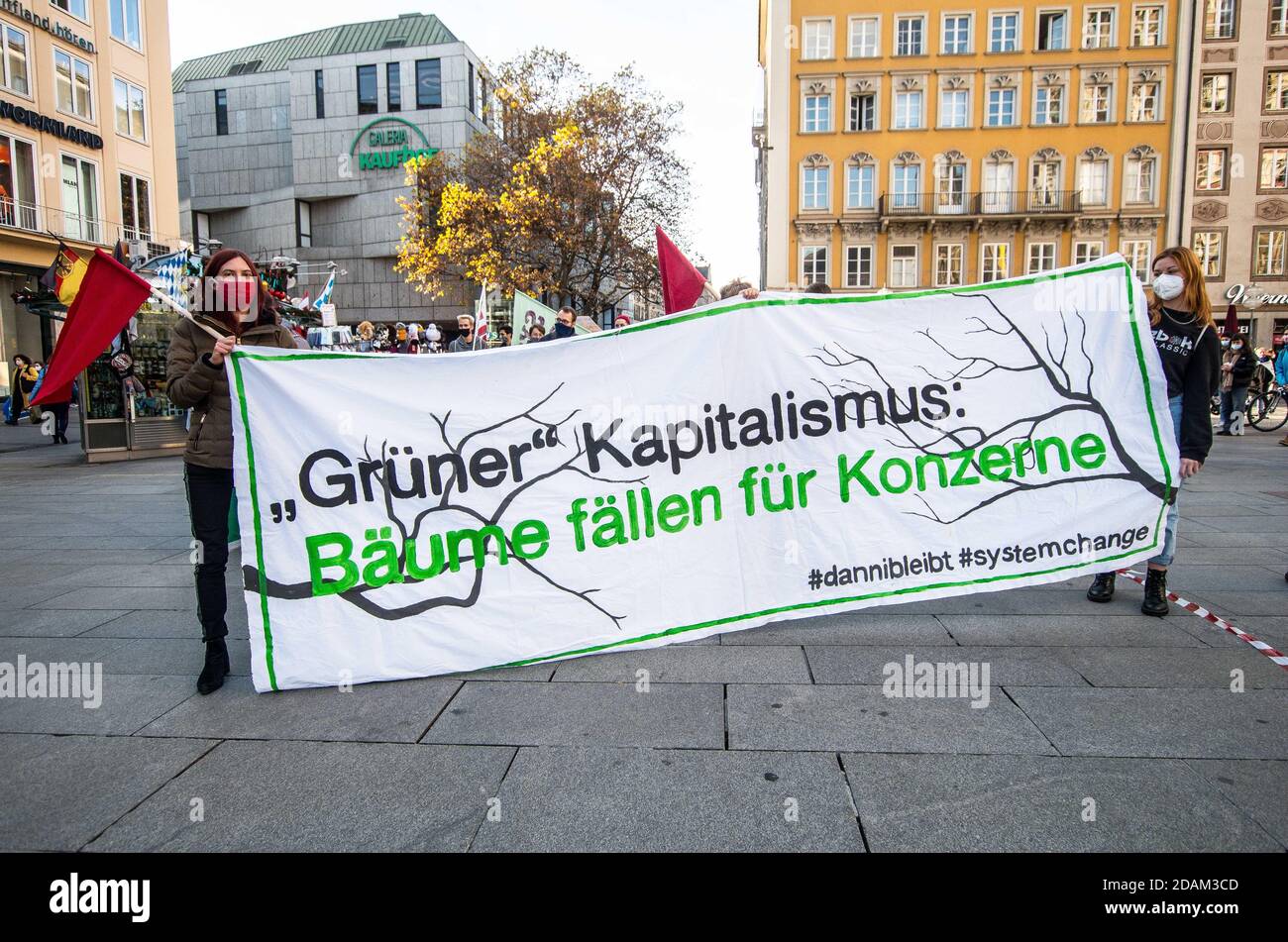 Munich, Bavaria, Germany. 13th Nov, 2020. Fridays for Future Germany has returned to the streets during the second wave of Coronavirus to protest against the clearing of the DannenrodÂ Forest (DannenrÃ¶derÂ Forst). The demonstrators marched from Marienplatz to the Green Party offices where three protestors climbed a tree a hung a banner which eventually resulted in a police response that was initially peacefully resolved until unidentified plainclothes officers attempted an apprehension without identifying themselves according to witnesses. The forest is currently being clearedÂ for the Aut Stock Photo