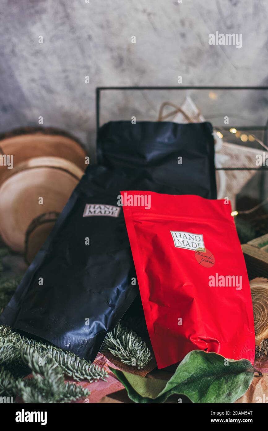 Black and red zip lock packs with hand made contents. Christmas ...