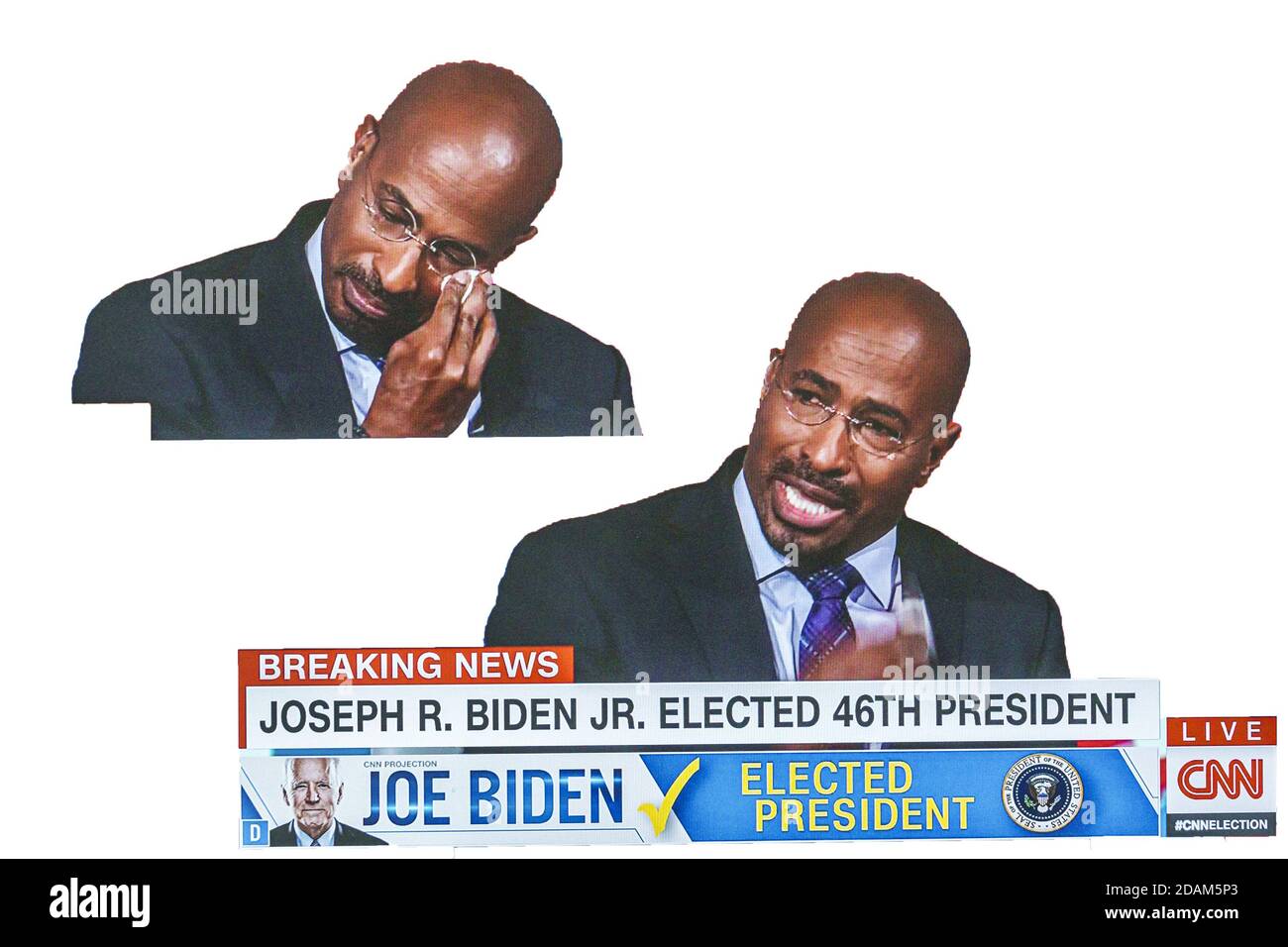 TV cable television screen monitor CNN 2020 US presidential election results,Joe Biden Donald Trump votes electoral college popular vote count,Black B Stock Photo