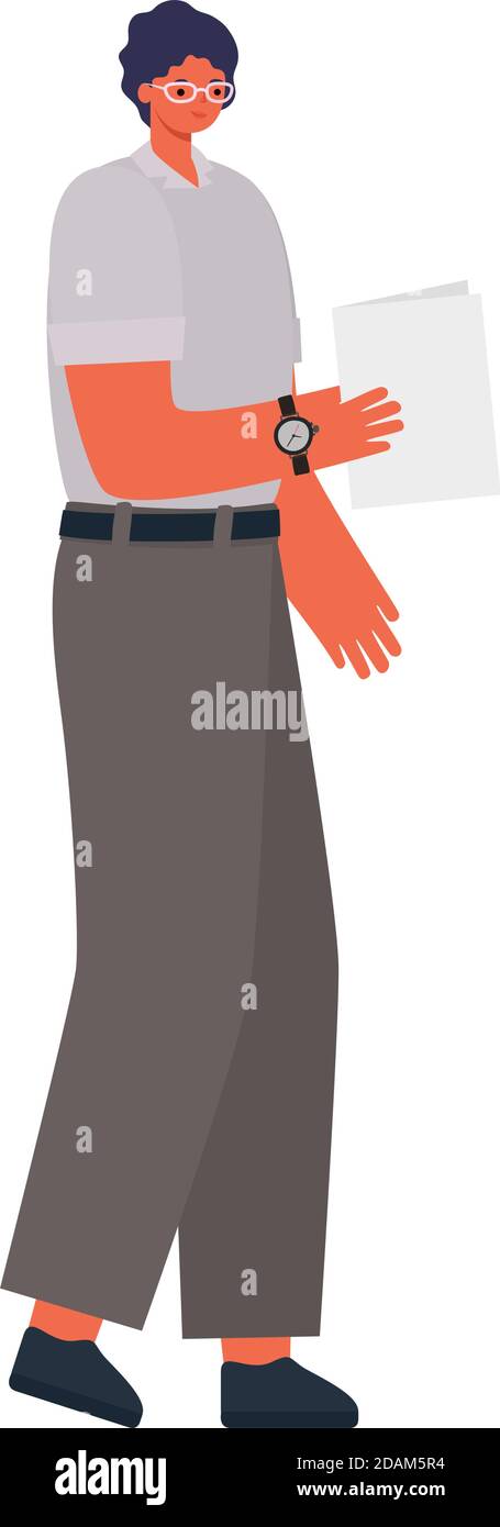 man with black hair, whithe shirt and one paper Stock Vector