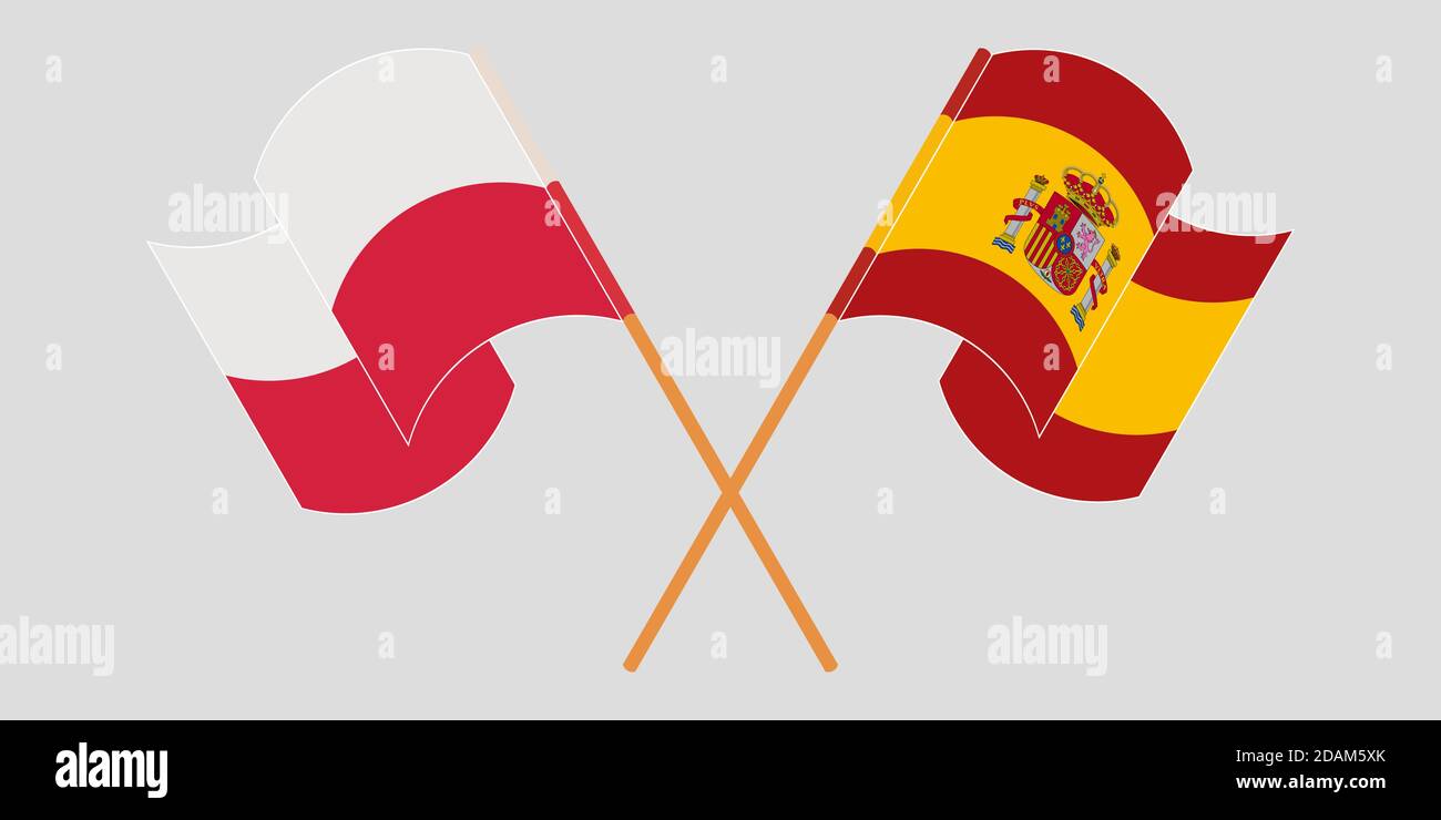 Crossed and waving flags of Poland and Spain. Vector illustration Stock Vector