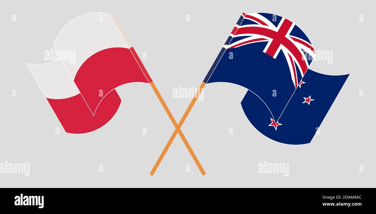 Crossed and waving flags of Poland and New Zealand. Vector illustration Stock Vector