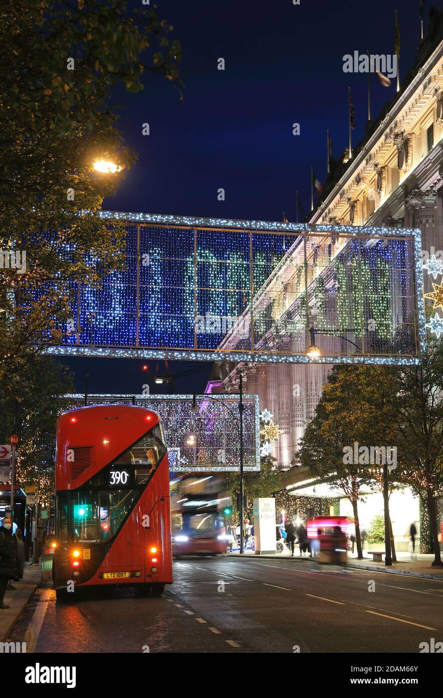 Christmas 'light curtains' on Oxford Street in 2020, the year of the coronavirus pandemic, while shops stay closed during the 2nd national lockdown, in central London, UK Stock Photo