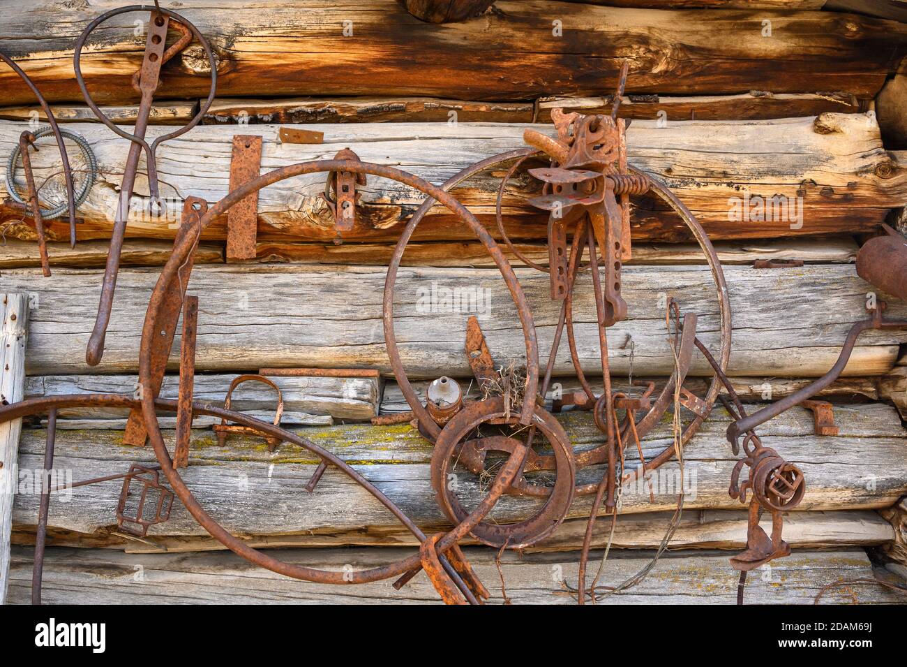 Rusty metal and weathered wood at historic Riddle Brothers Ranch on Steens Mountain in southeast Oregon. Stock Photo