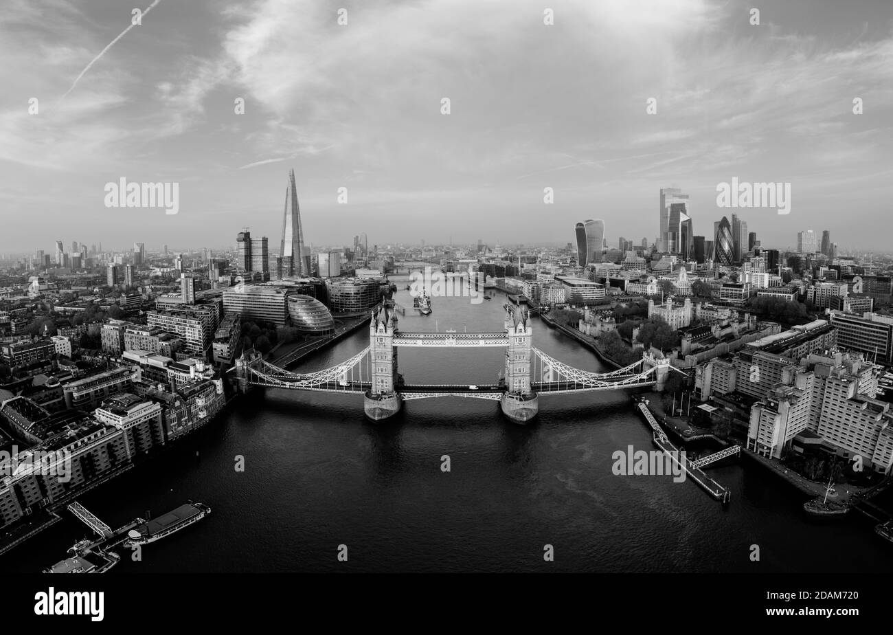 Aerial view of the Tower Bridge in London. One of London's most famous bridges and must-see landmarks in London. Beautiful panorama of London Tower Br Stock Photo