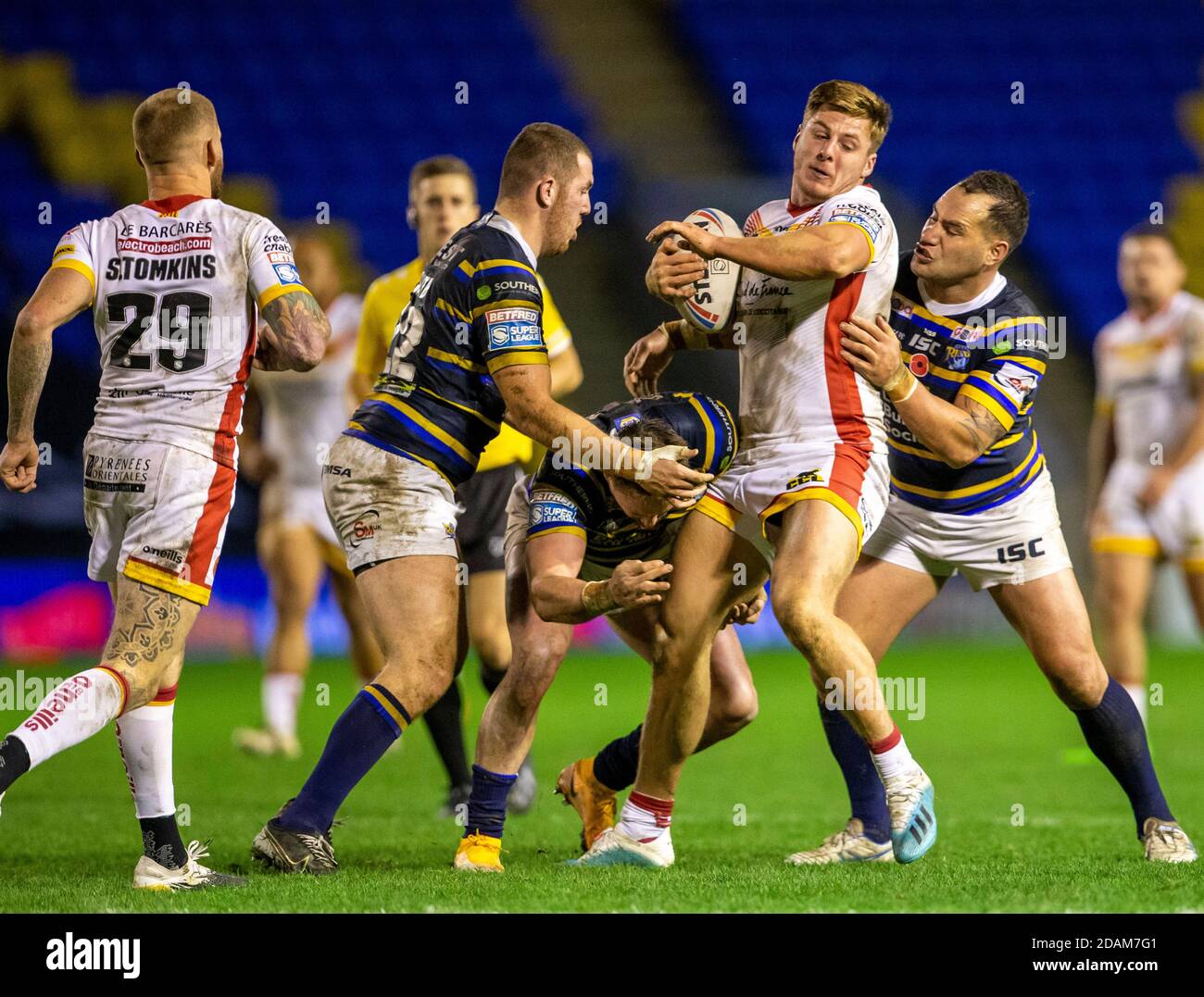 13th November 2020; The Halliwell Jones Stadium, Warrington, Cheshire, England; Betfred Rugby League Playoffs, Catalan Dragons versus Leeds Rhinos; Tom Davies of Catalans Dragons is tackled Stock Photo