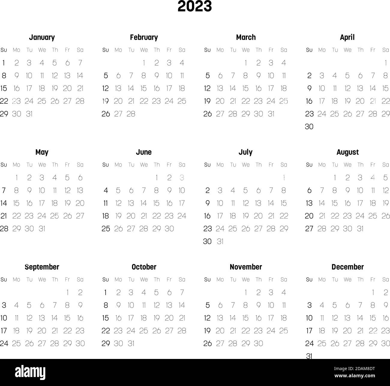 Monthly calendar of year 2023. Week starts on Sunday. Block of months in  two rows and six columns horizontal arrangement. Simple thin minimalist  design. Vector illustration Stock Vector Image & Art - Alamy