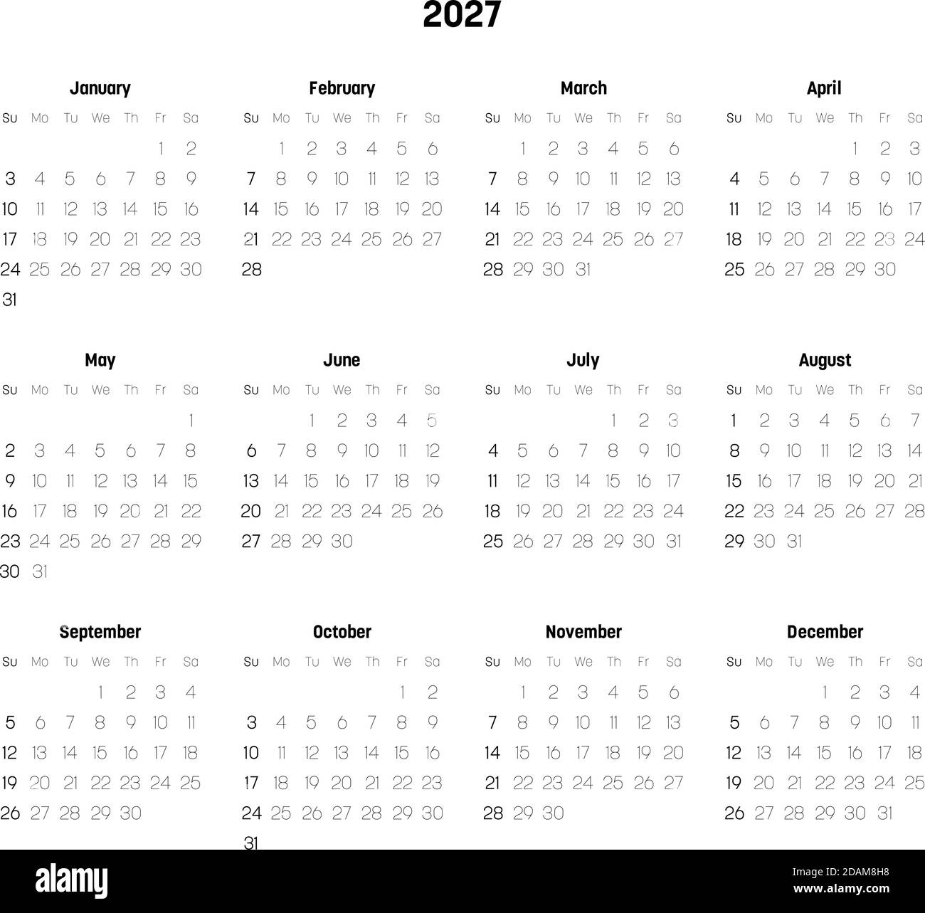 Monthly calendar of year 2027. Week starts on Sunday. Block of months