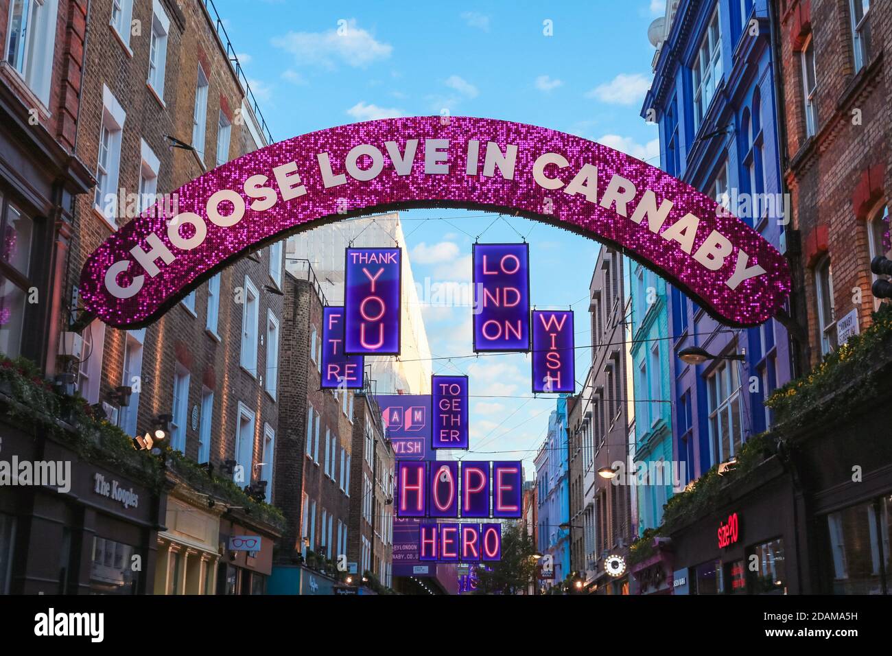 London, UK. 06 November 2020. Carnaby Street Christmas Light Installation 'Choose love in Carnaby'. Credit: Waldemar Sikora Stock Photo
