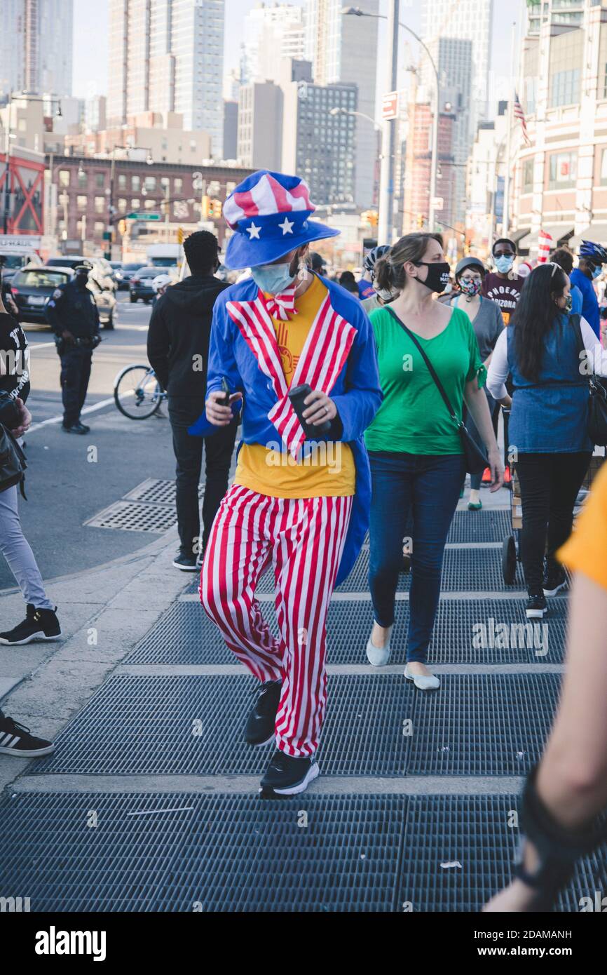 Man in Patriotic Clothes during Celebration of President-Elect Joe Biden, Brooklyn, New York, USA Stock Photo