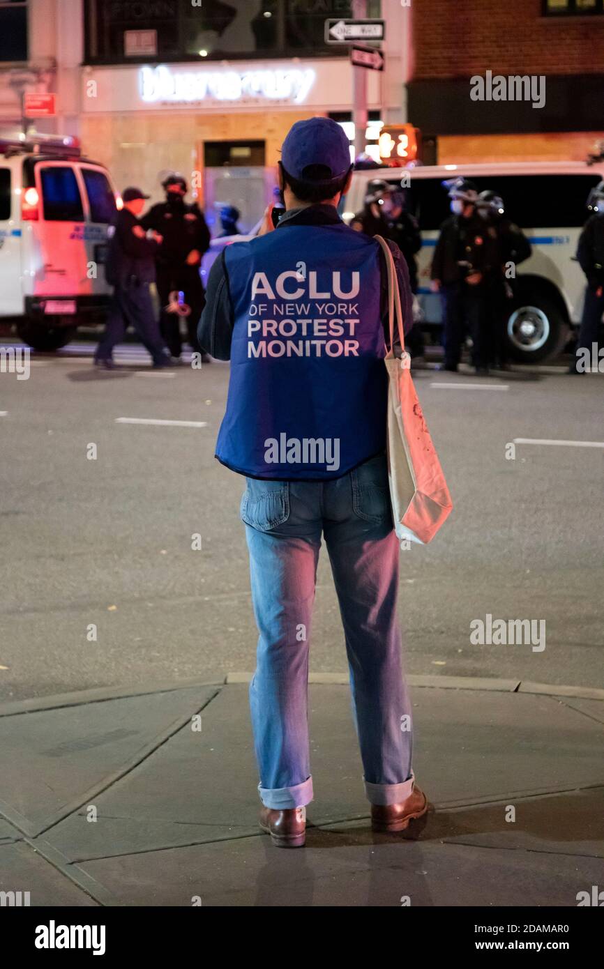 Rear View of ACLU Protest Monitor at Night before Election, Greenwich Village, New York City, New York, USA Stock Photo