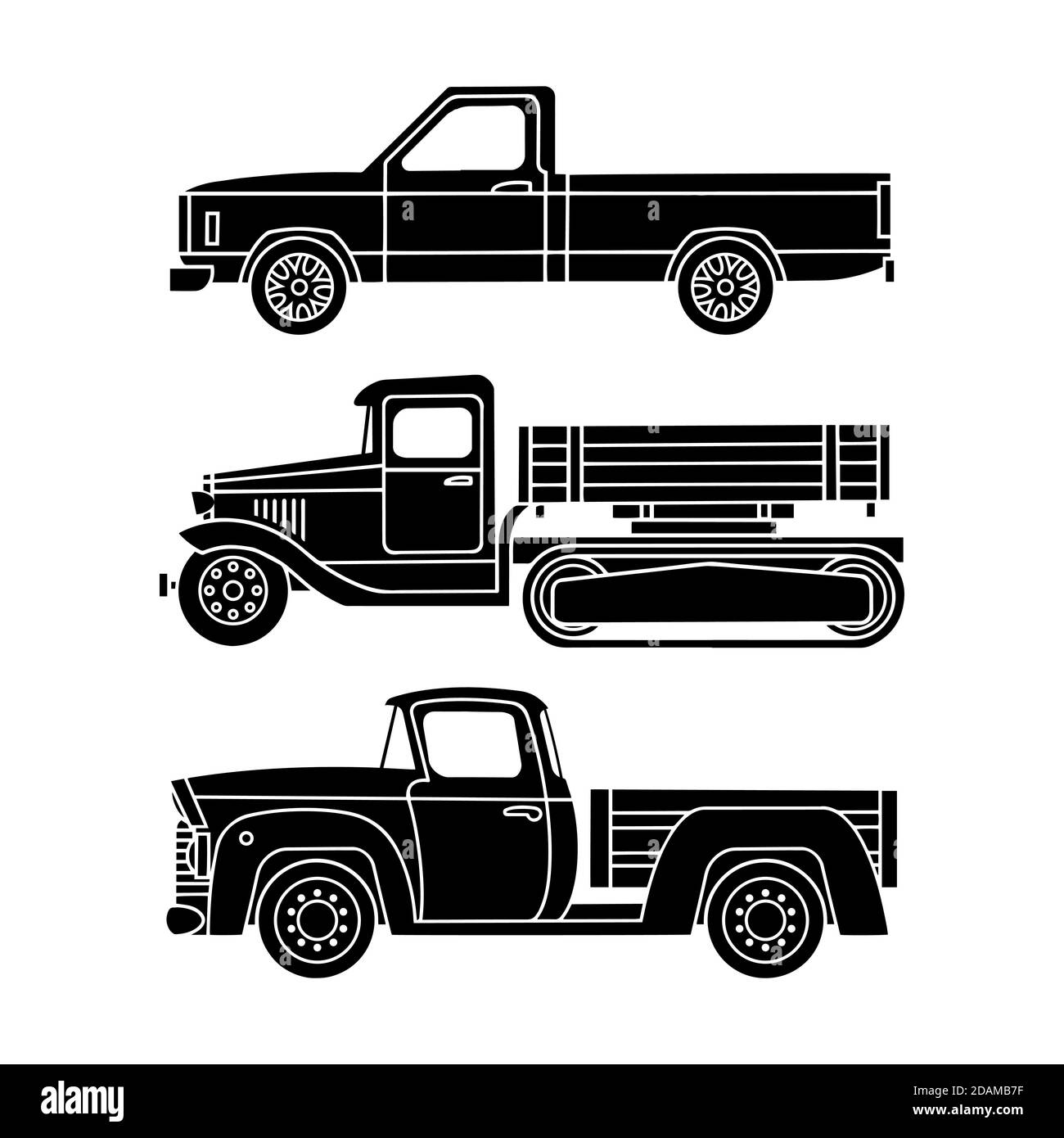 Set of black silhouettes of retro trucks on a white background. Vector Stock Vector