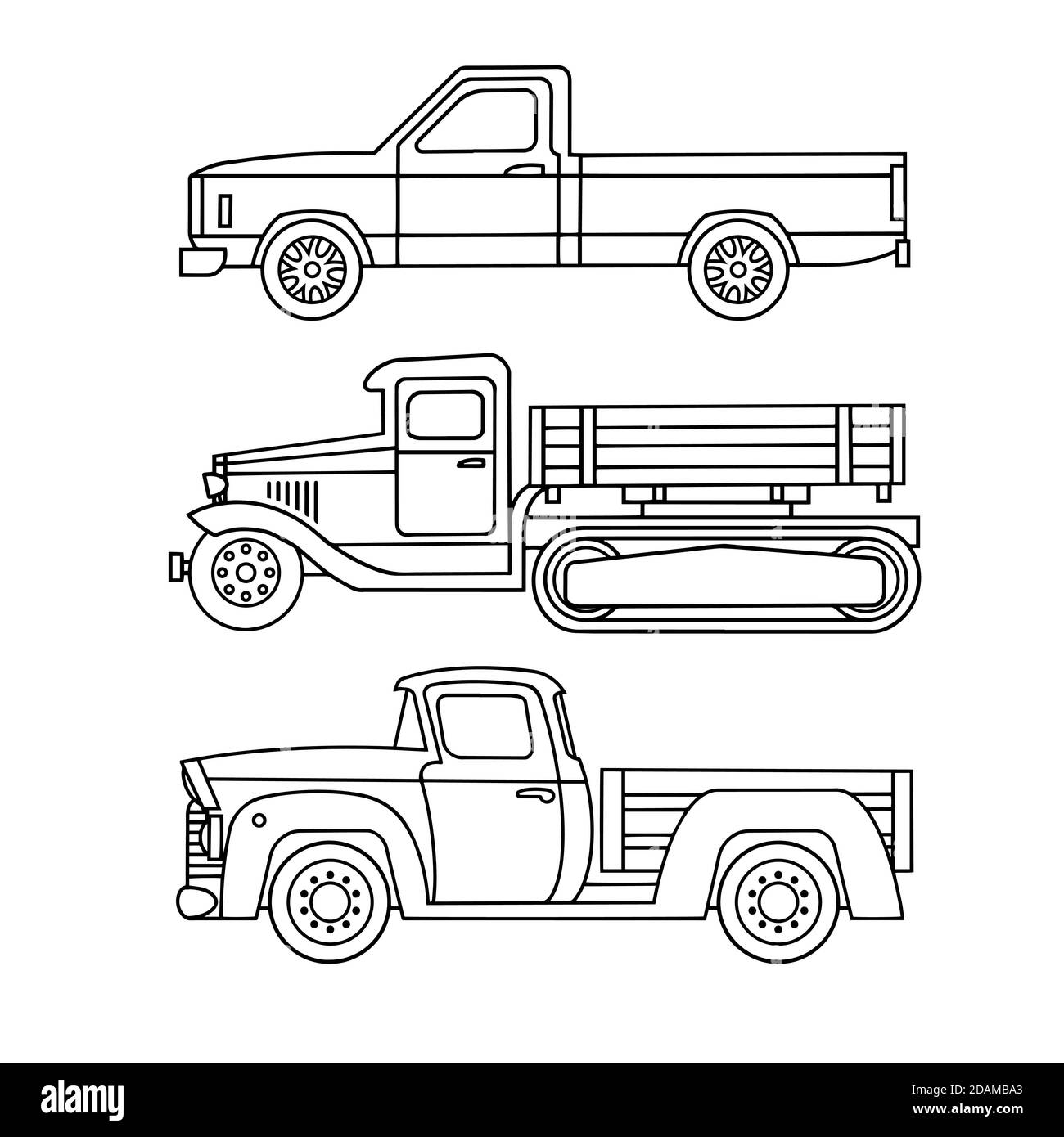 Set of linear icons of old trucks for coloring. Vector illustration Stock Vector