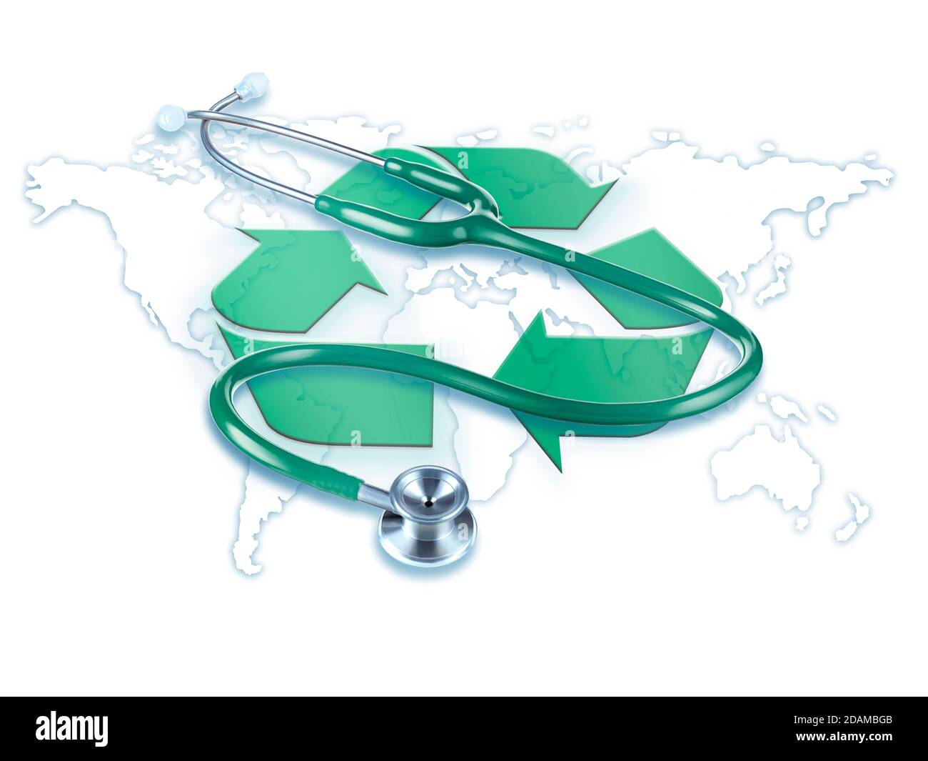World map with recycling symbol and stethoscope, illustration. Stock Photo