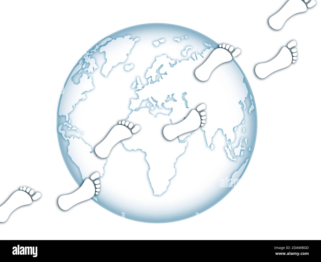 Earth with carbon footprint trail, illustration. Stock Photo