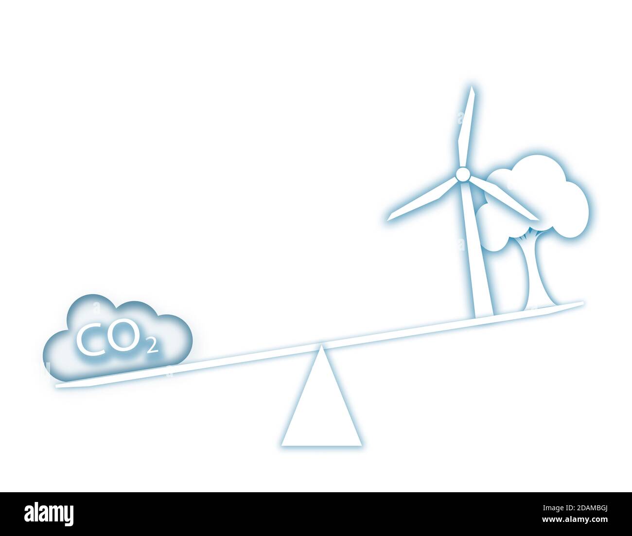 Scales with carbon cloud, turbine and tree, illustration. Stock Photo