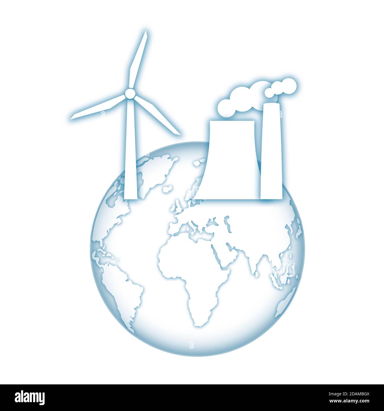 Earth with power station and wind turbine, illustration. Stock Photo