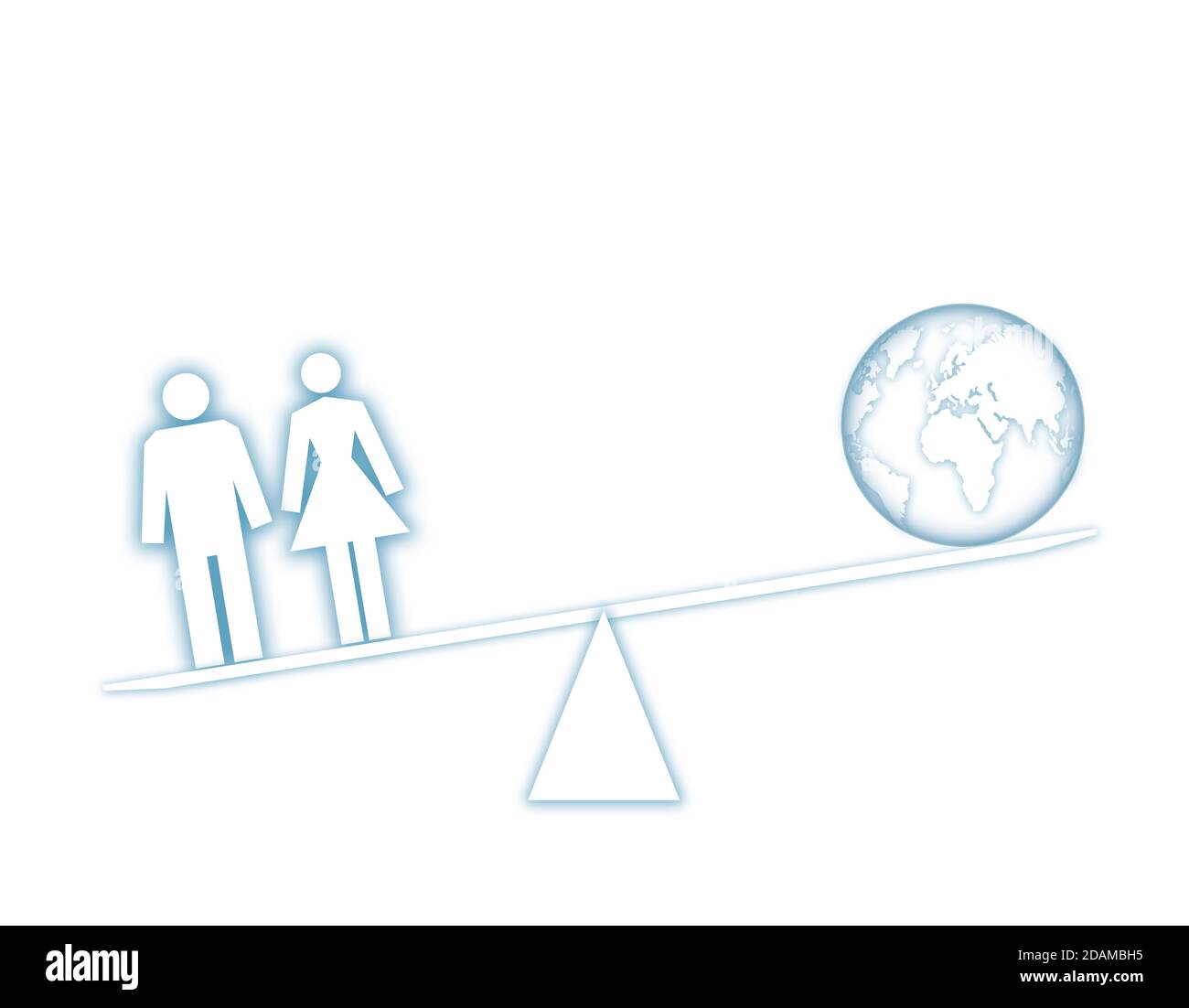 Seesaw scales with people and globe, illustration. Stock Photo