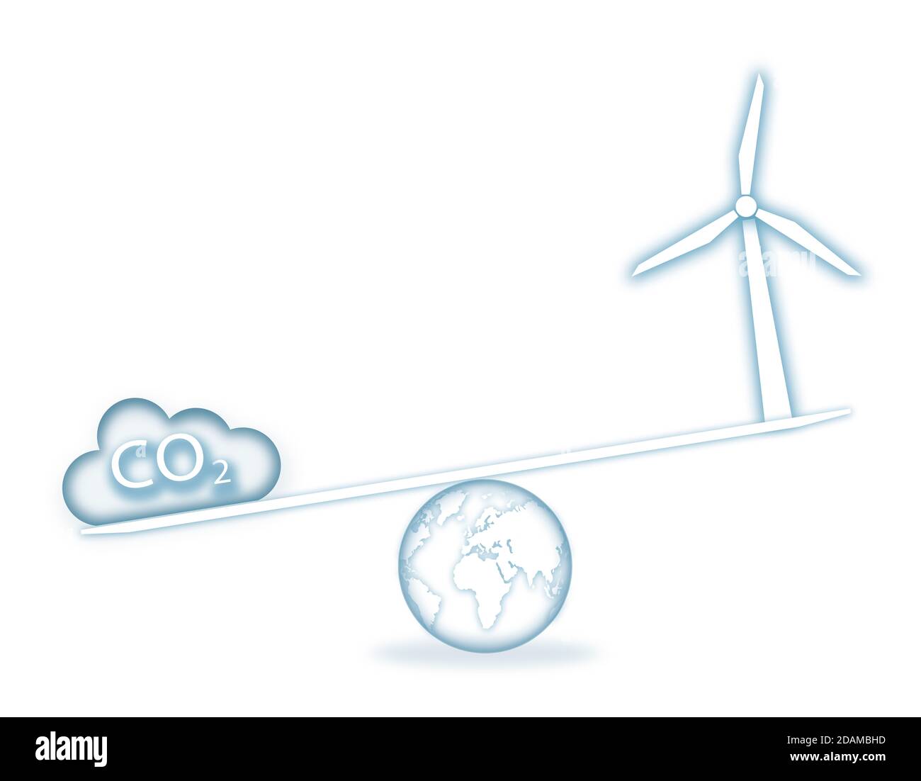 Scales with carbon cloud and wind turbine, illustration. Stock Photo