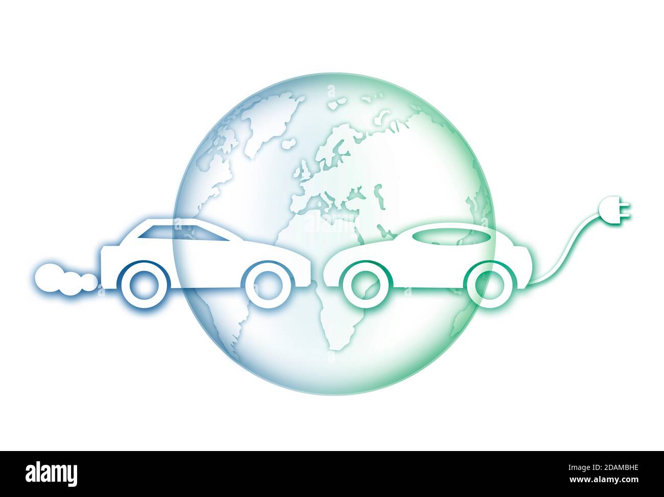 Earth with electric car and fuel car, illustration. Stock Photo