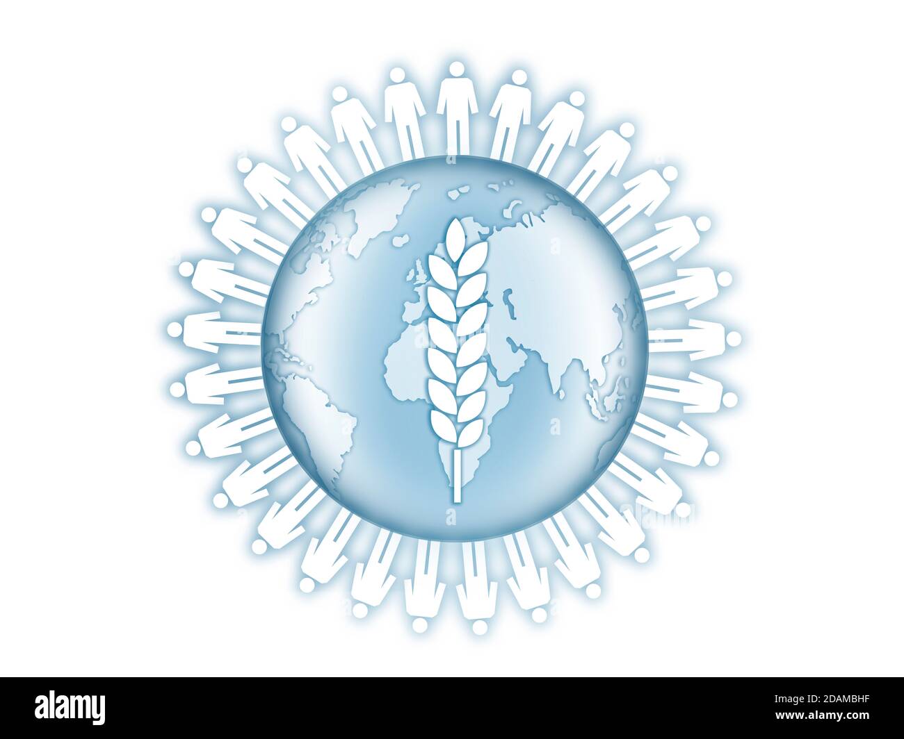 Earth surrounded by people with ear of wheat, illustration. Stock Photo
