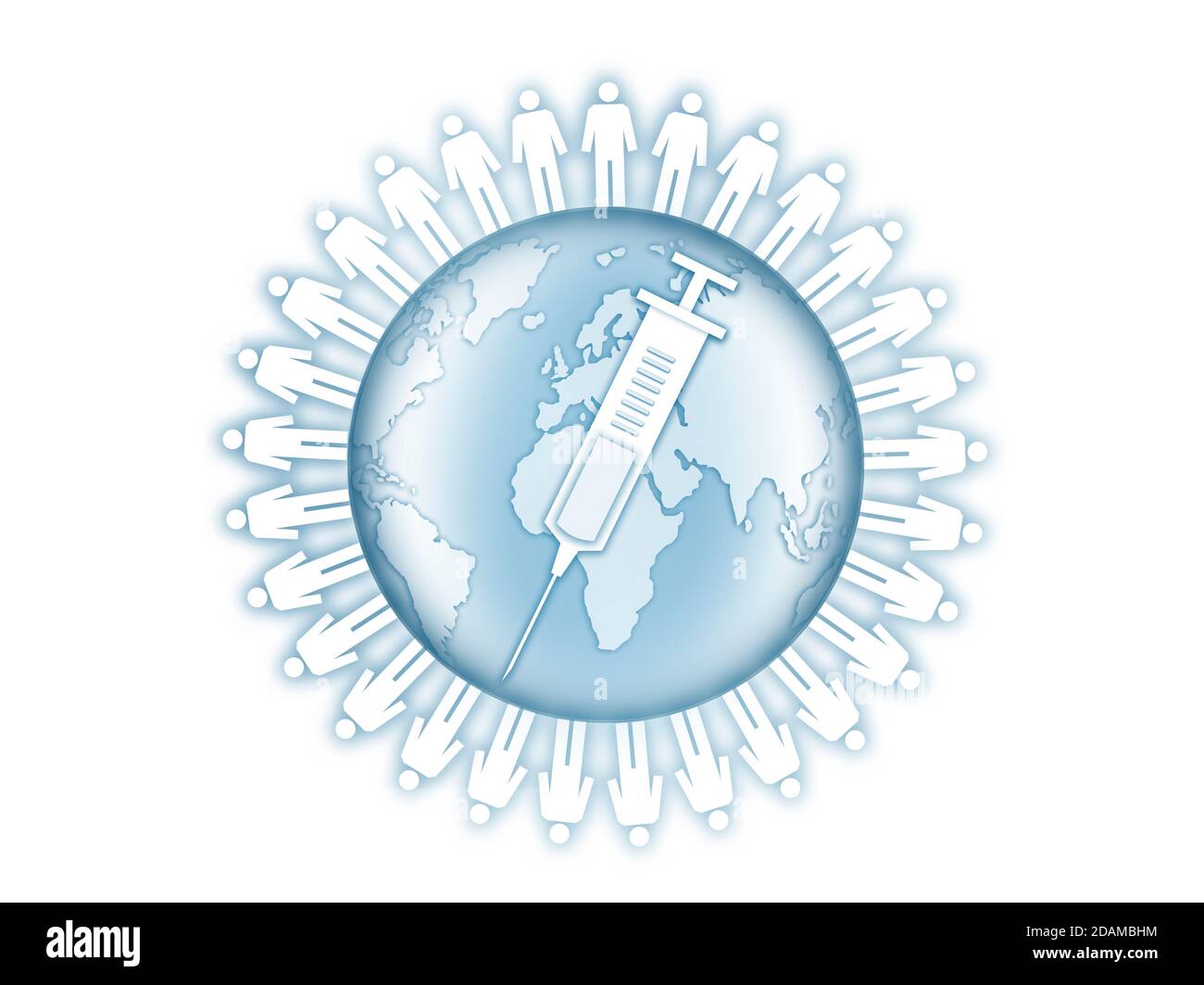 Earth surrounded by people with syringe, illustration. Stock Photo